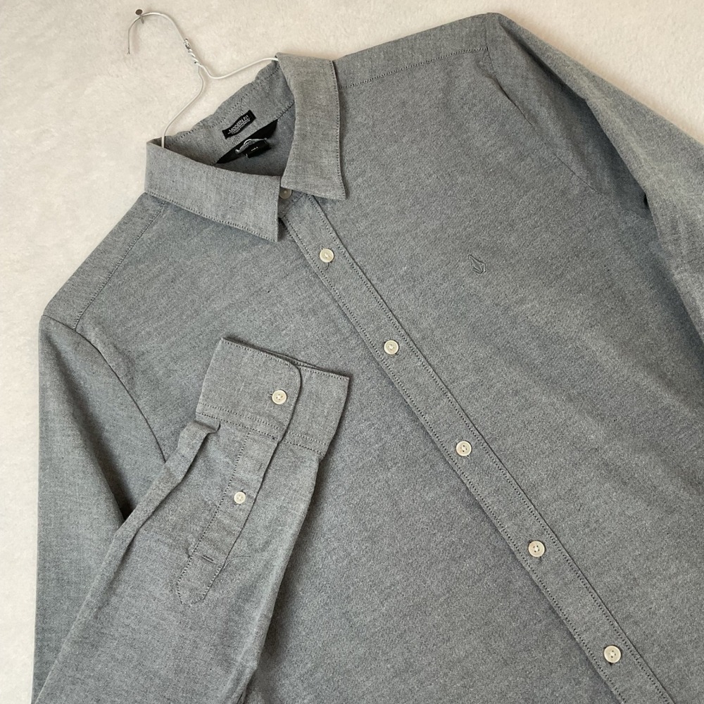 Volcom Mens L Modern Fit Gray Long Sleeve Button Down Shirt Large Stone Logo